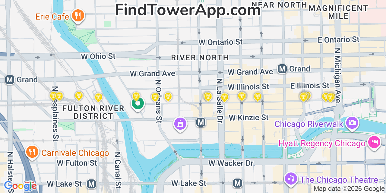 Map showing the 20 primary cell tower locations detected in Near North Side, Illinois from AT&T, Verizon, and T-Mobile networks