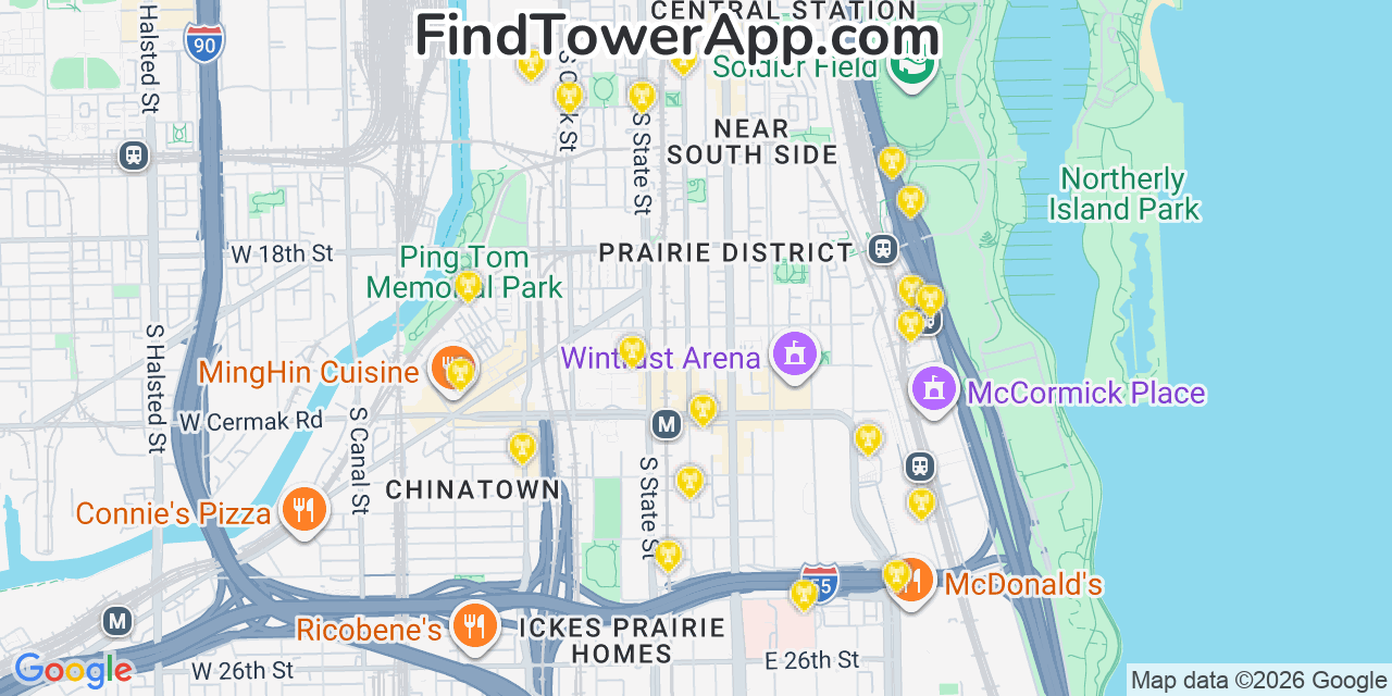 Map showing the 20 primary cell tower locations detected in Near South Side, Illinois from AT&T, Verizon, and T-Mobile networks