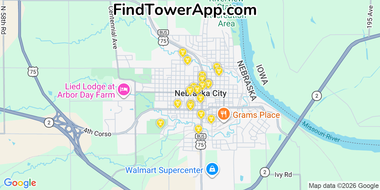 Map showing the 20 primary cell tower locations detected in Nebraska City, Nebraska from AT&T, Verizon, and T-Mobile networks