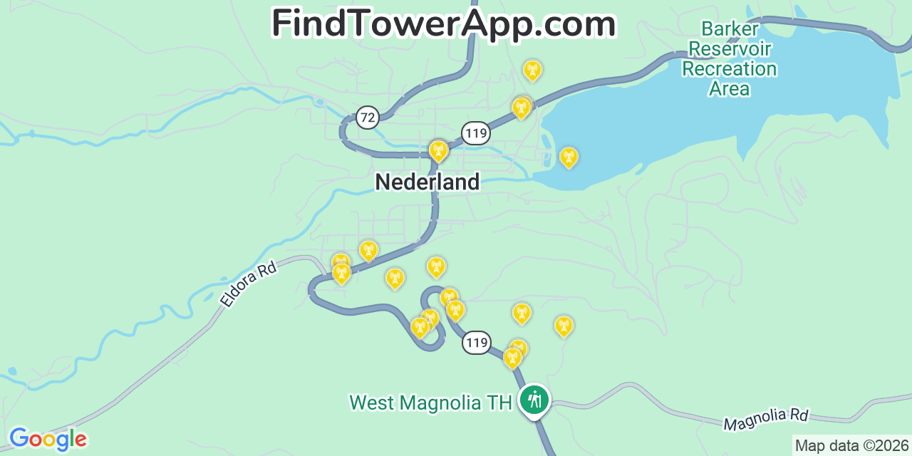 Map showing the 20 primary cell tower locations detected in Nederland, Colorado from AT&T, Verizon, and T-Mobile networks
