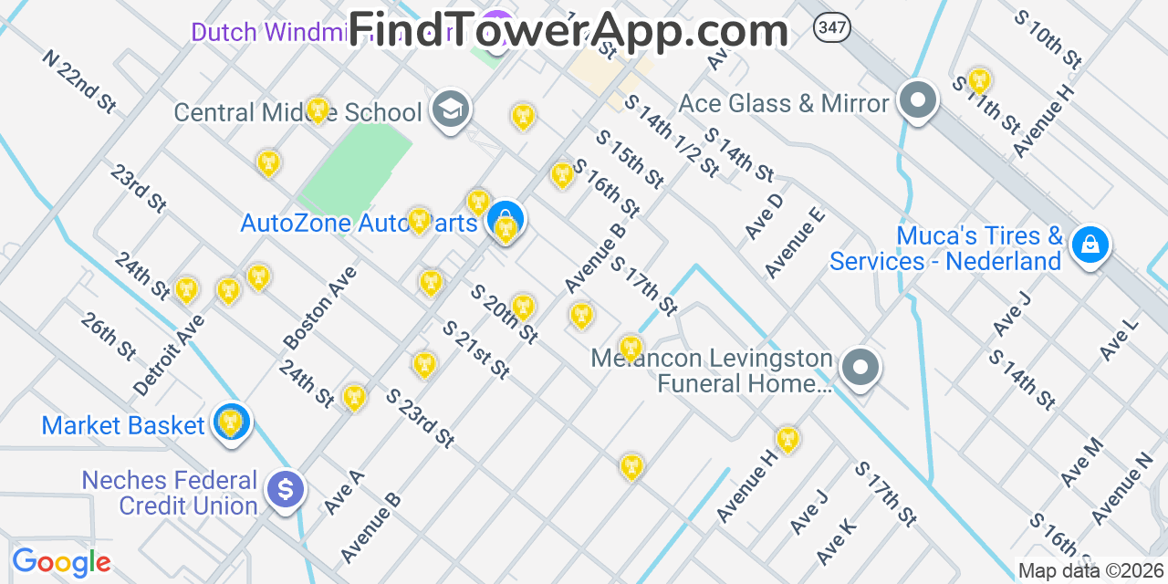 Map showing the 20 primary cell tower locations detected in Nederland, Texas from AT&T, Verizon, and T-Mobile networks
