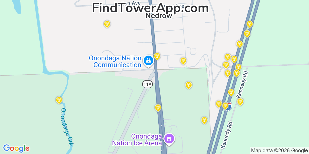 Map showing the 20 primary cell tower locations detected in Nedrow, New York from AT&T, Verizon, and T-Mobile networks