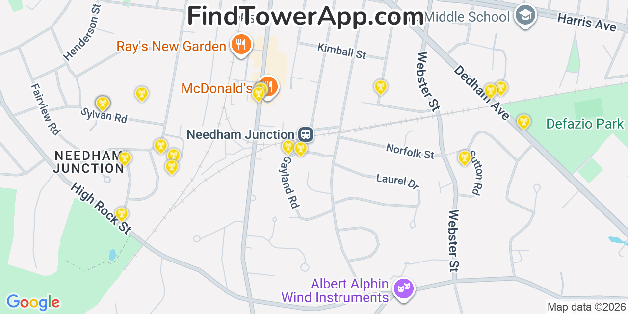 Map showing the 20 primary cell tower locations detected in Needham, Massachusetts from AT&T, Verizon, and T-Mobile networks