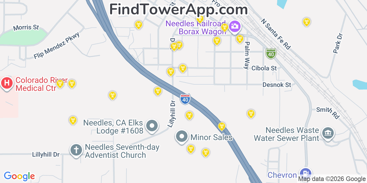 Map showing the 20 primary cell tower locations detected in Needles, California from AT&T, Verizon, and T-Mobile networks