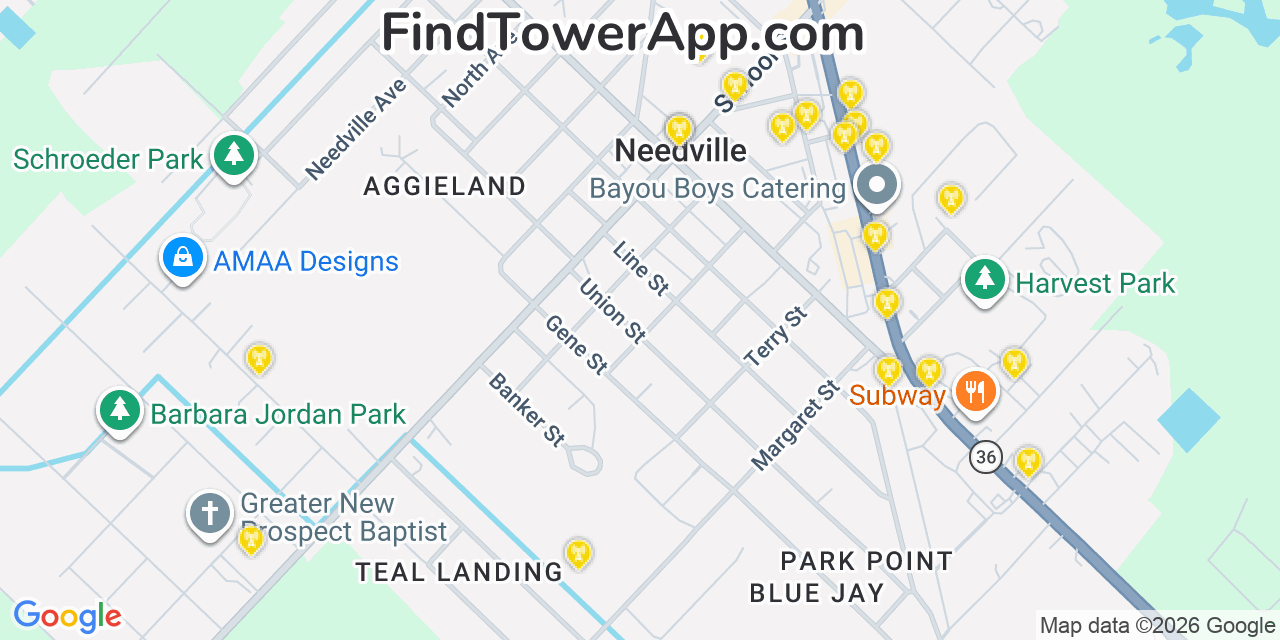 Map showing the 20 primary cell tower locations detected in Needville, Texas from AT&T, Verizon, and T-Mobile networks
