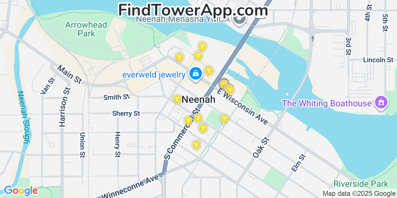 Map showing the 20 primary cell tower locations detected in Neenah, Wisconsin from AT&T, Verizon, and T-Mobile networks