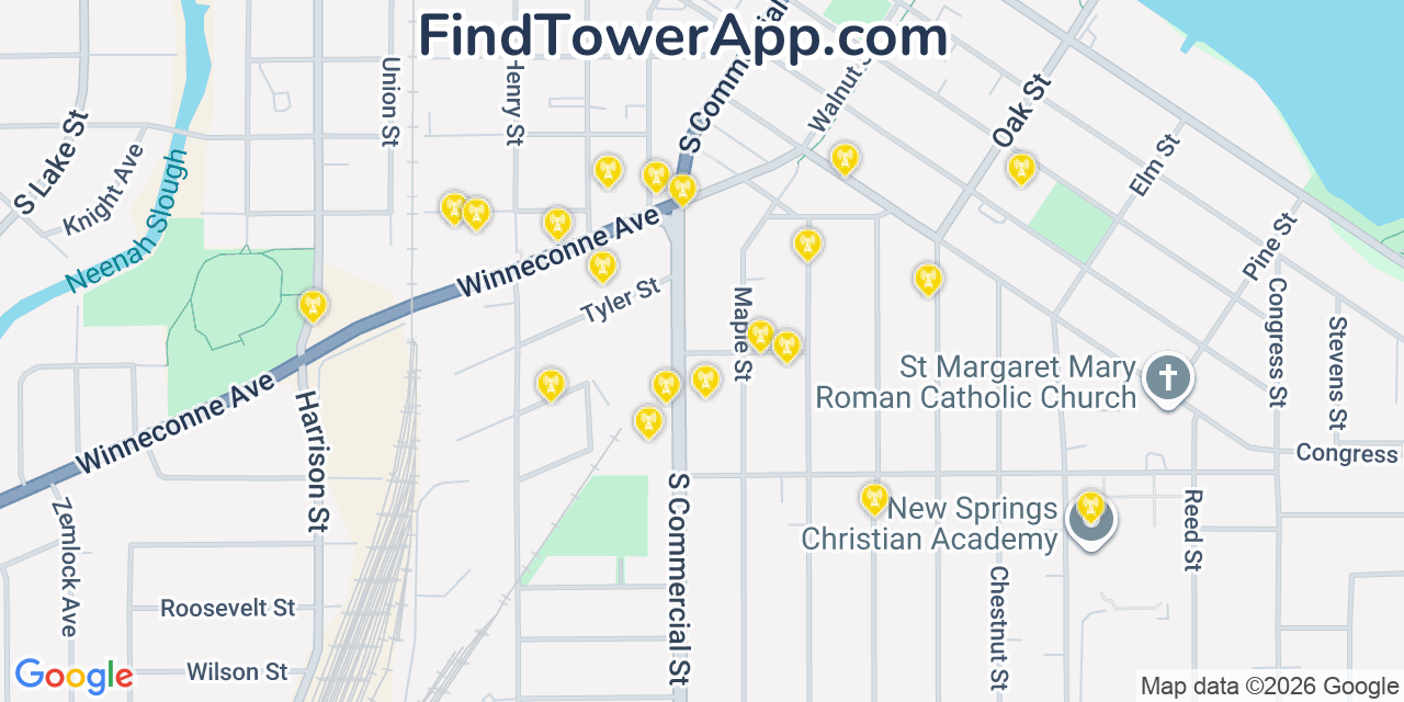 Map showing the 20 primary cell tower locations detected in Neenah, Wisconsin from AT&T, Verizon, and T-Mobile networks