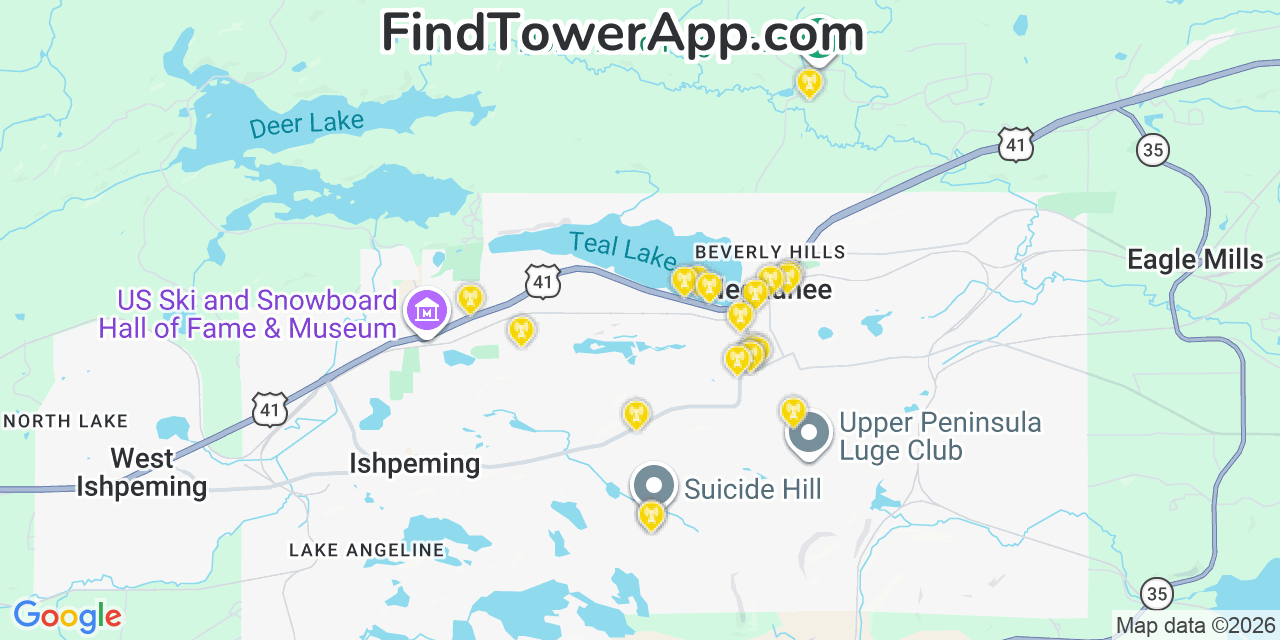 Map showing the 20 primary cell tower locations detected in Negaunee, Michigan from AT&T, Verizon, and T-Mobile networks