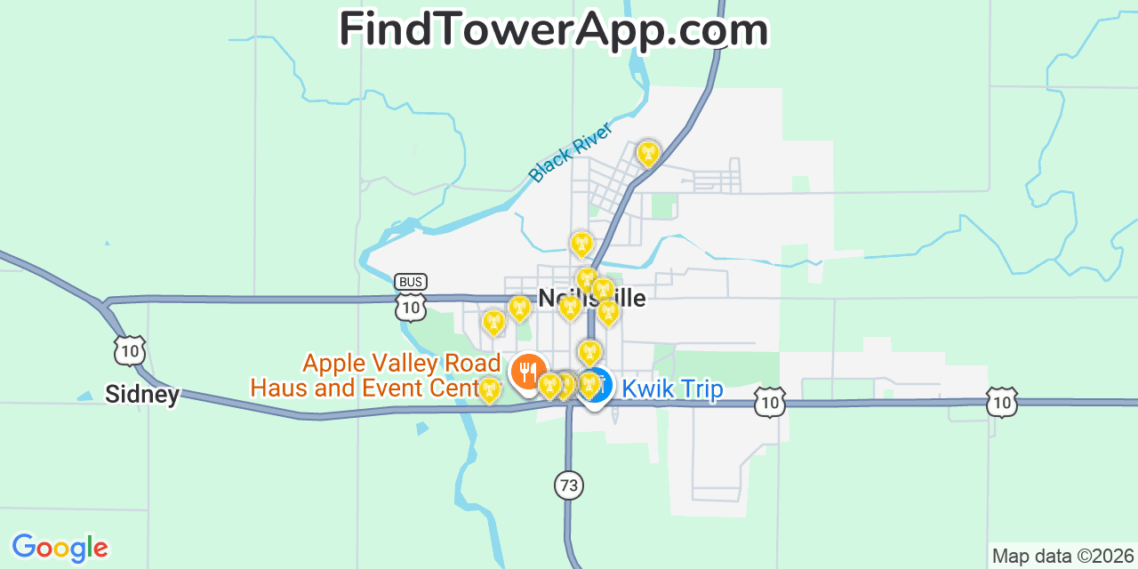 Map showing the 20 primary cell tower locations detected in Neillsville, Wisconsin from AT&T, Verizon, and T-Mobile networks