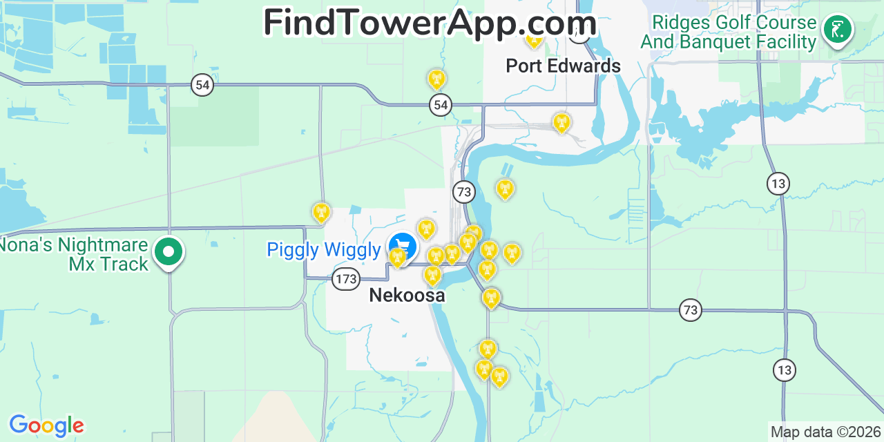Map showing the 20 primary cell tower locations detected in Nekoosa, Wisconsin from AT&T, Verizon, and T-Mobile networks