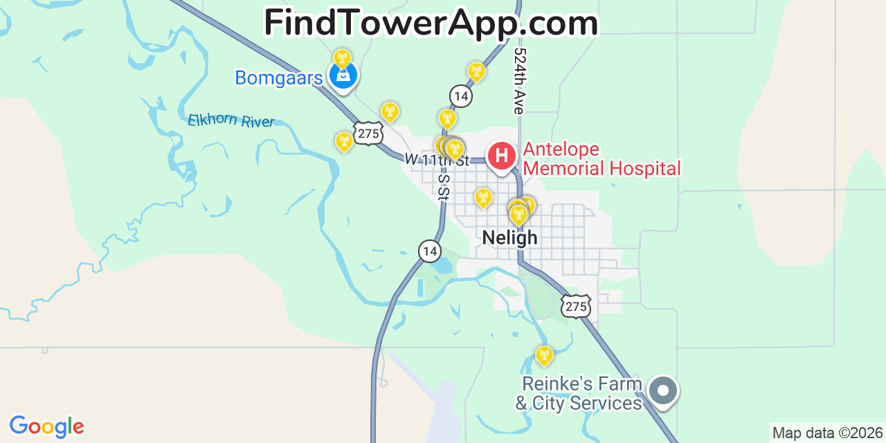 Map showing the 20 primary cell tower locations detected in Neligh, Nebraska from AT&T, Verizon, and T-Mobile networks