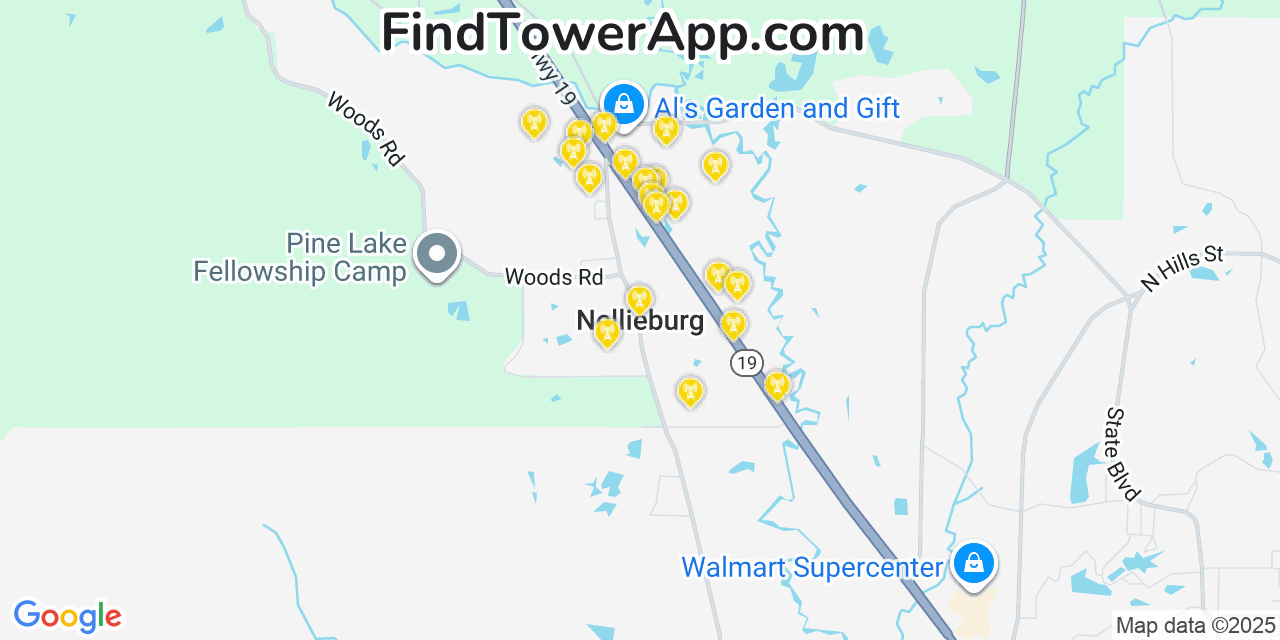 Map showing the 20 primary cell tower locations detected in Nellieburg, Mississippi from AT&T, Verizon, and T-Mobile networks