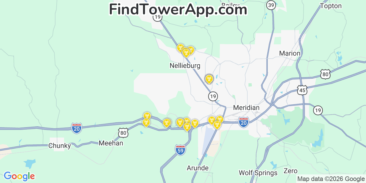 Map showing the 20 primary cell tower locations detected in Nellieburg, Mississippi from AT&T, Verizon, and T-Mobile networks