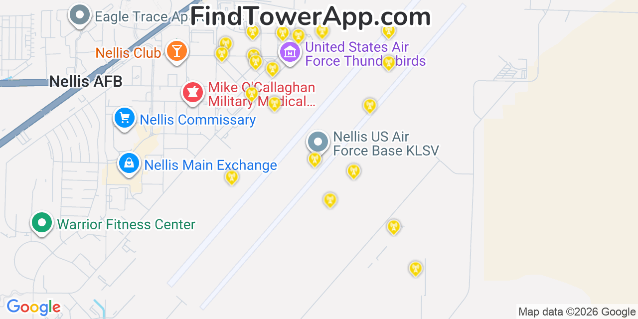 Map showing the 20 primary cell tower locations detected in Nellis Air Force Base, Nevada from AT&T, Verizon, and T-Mobile networks