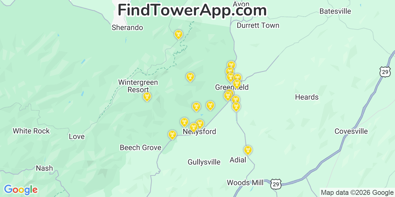 Map showing the 20 primary cell tower locations detected in Nellysford, Virginia from AT&T, Verizon, and T-Mobile networks