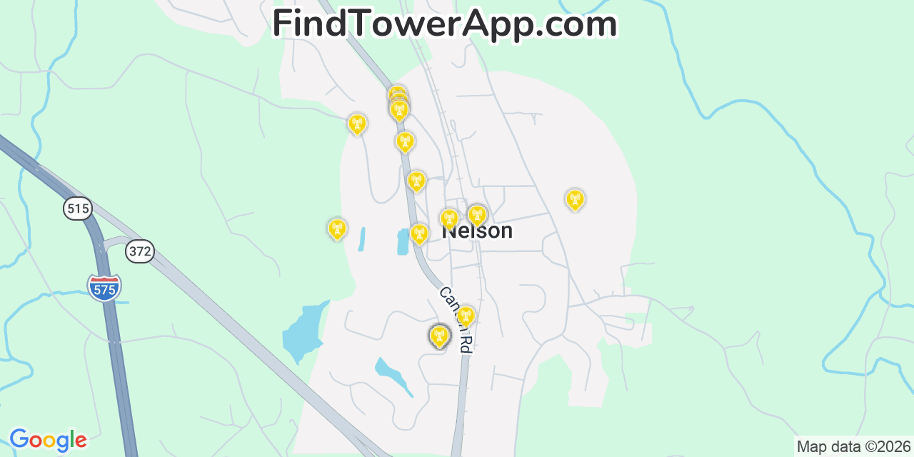 Map showing the 20 primary cell tower locations detected in Nelson, Georgia from AT&T, Verizon, and T-Mobile networks