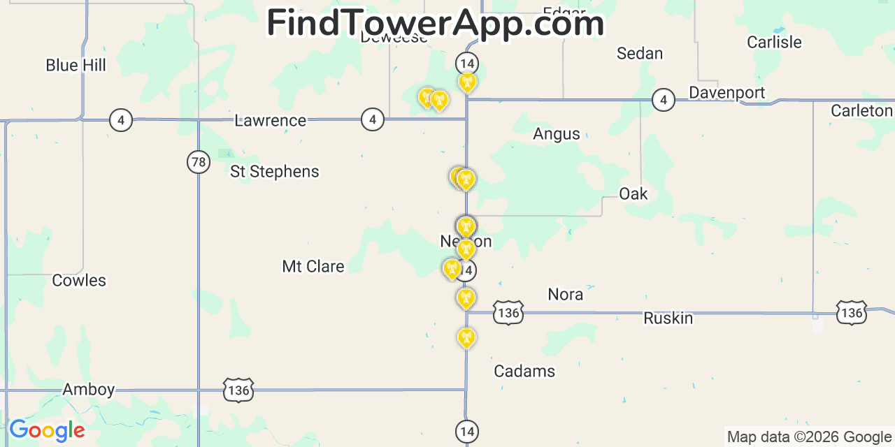 Map showing the 20 primary cell tower locations detected in Nelson, Nebraska from AT&T, Verizon, and T-Mobile networks