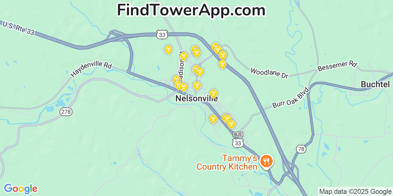 Map showing the 20 primary cell tower locations detected in Nelsonville, Ohio from AT&T, Verizon, and T-Mobile networks