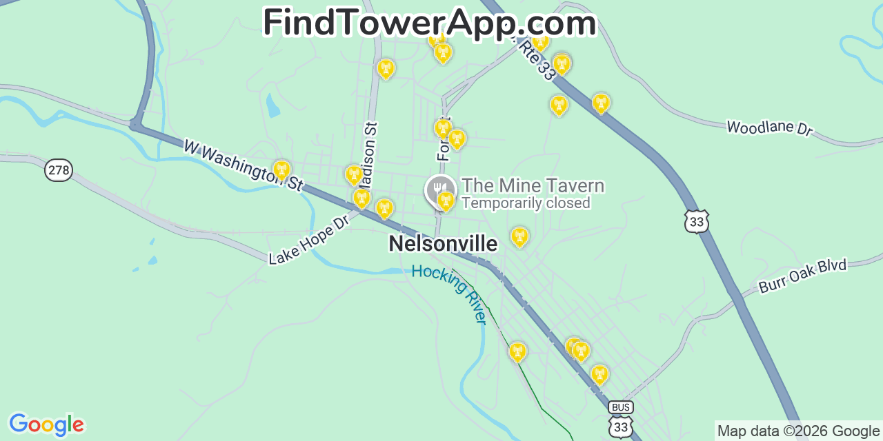 Map showing the 20 primary cell tower locations detected in Nelsonville, Ohio from AT&T, Verizon, and T-Mobile networks