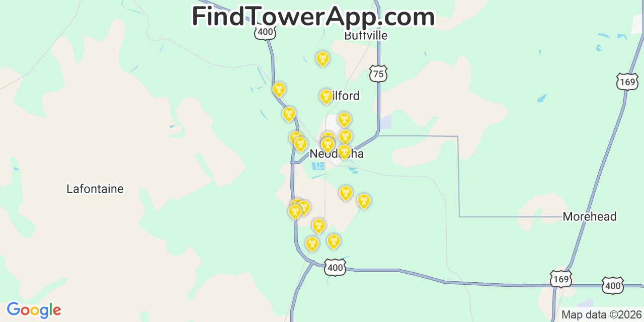 Map showing the 20 primary cell tower locations detected in Neodesha, Kansas from AT&T, Verizon, and T-Mobile networks