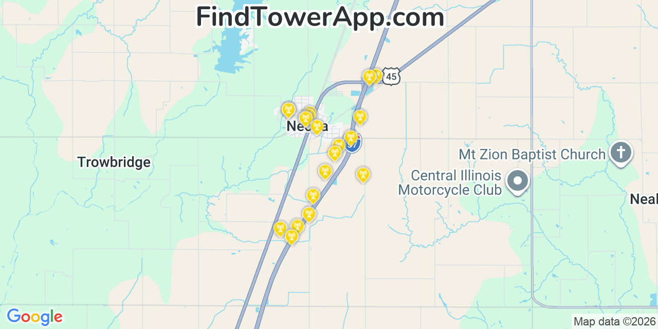 Map showing the 20 primary cell tower locations detected in Neoga, Illinois from AT&T, Verizon, and T-Mobile networks