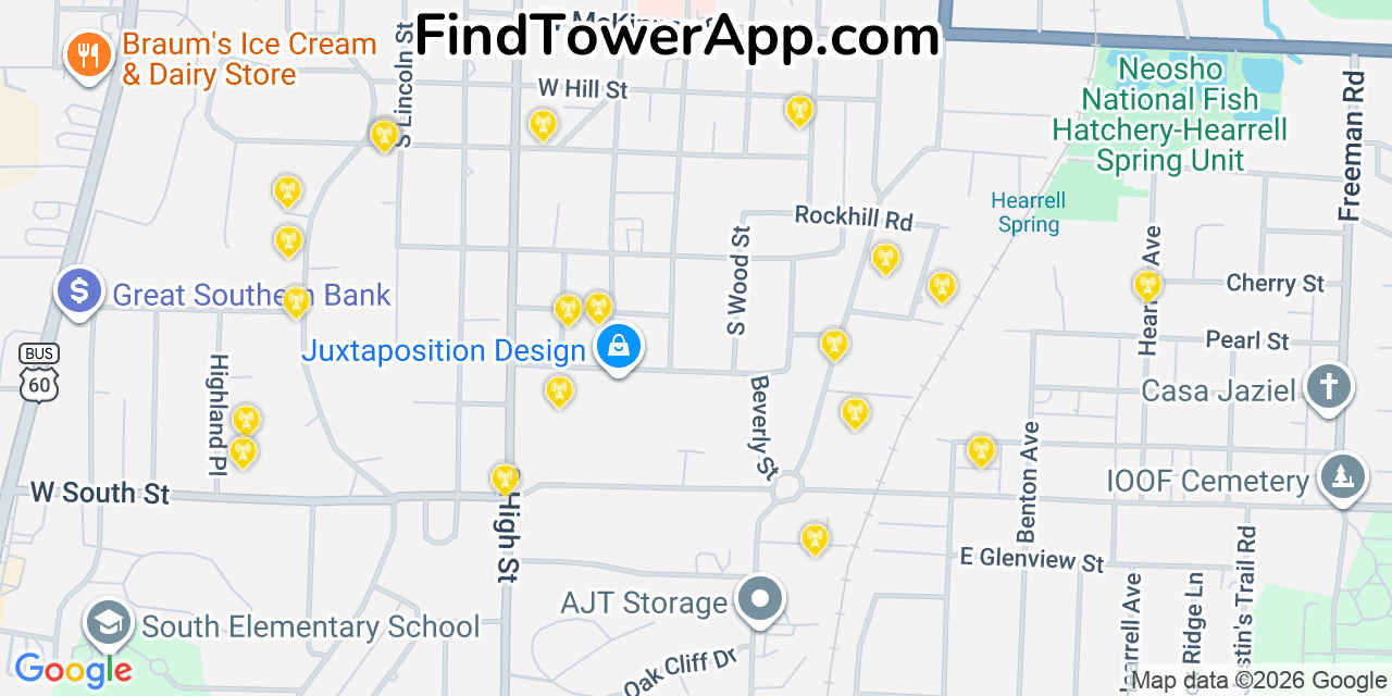 Map showing the 20 primary cell tower locations detected in Neosho, Missouri from AT&T, Verizon, and T-Mobile networks