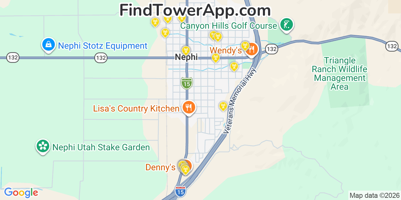 Map showing the 20 primary cell tower locations detected in Nephi, Utah from AT&T, Verizon, and T-Mobile networks