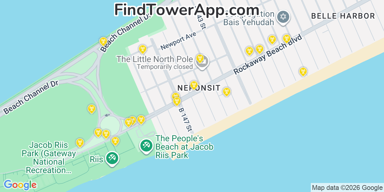 Map showing the 20 primary cell tower locations detected in Neponsit, New York from AT&T, Verizon, and T-Mobile networks