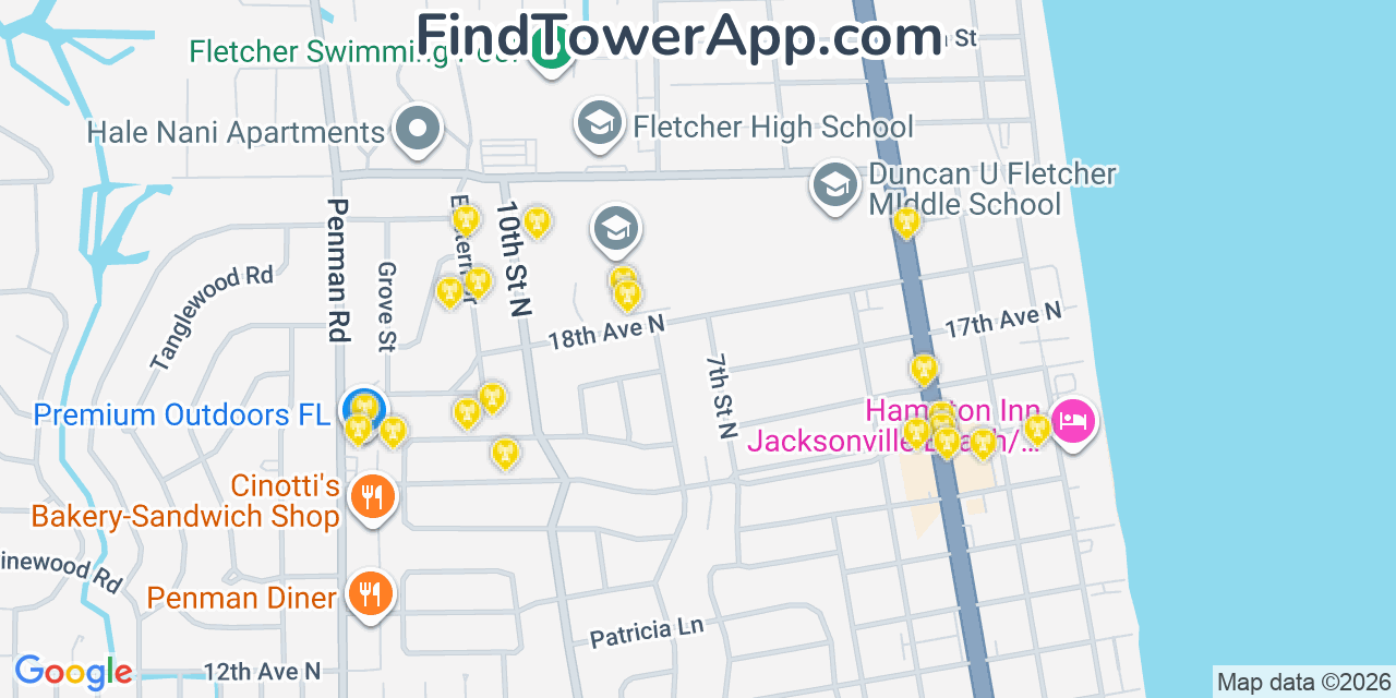 Map showing the 20 primary cell tower locations detected in Neptune Beach, Florida from AT&T, Verizon, and T-Mobile networks
