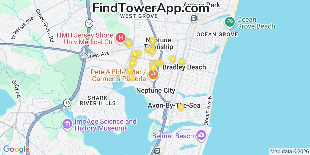 Map showing the 20 primary cell tower locations detected in Neptune City, New Jersey from AT&T, Verizon, and T-Mobile networks