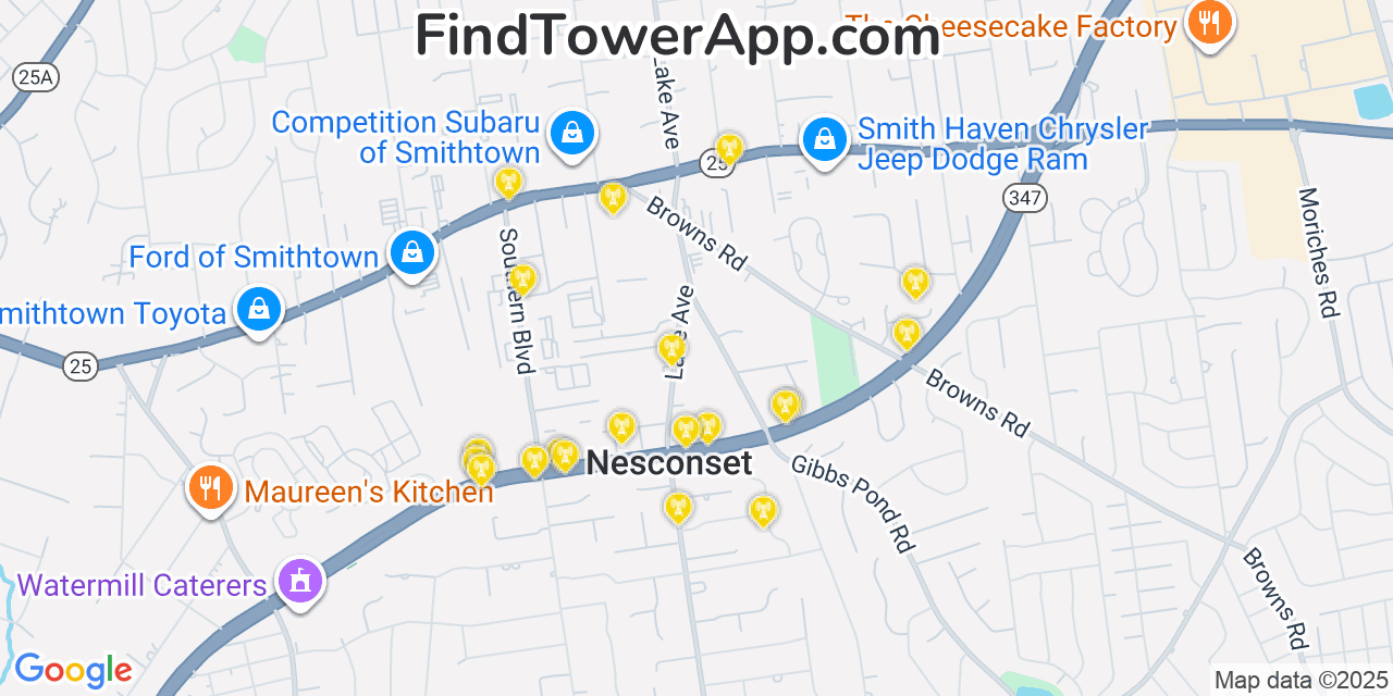 Map showing the 20 primary cell tower locations detected in Nesconset, New York from AT&T, Verizon, and T-Mobile networks