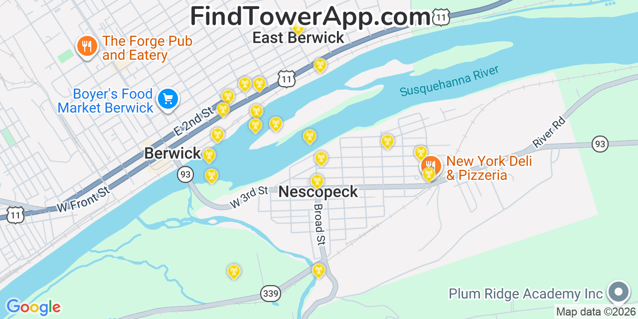 Map showing the 20 primary cell tower locations detected in Nescopeck, Pennsylvania from AT&T, Verizon, and T-Mobile networks