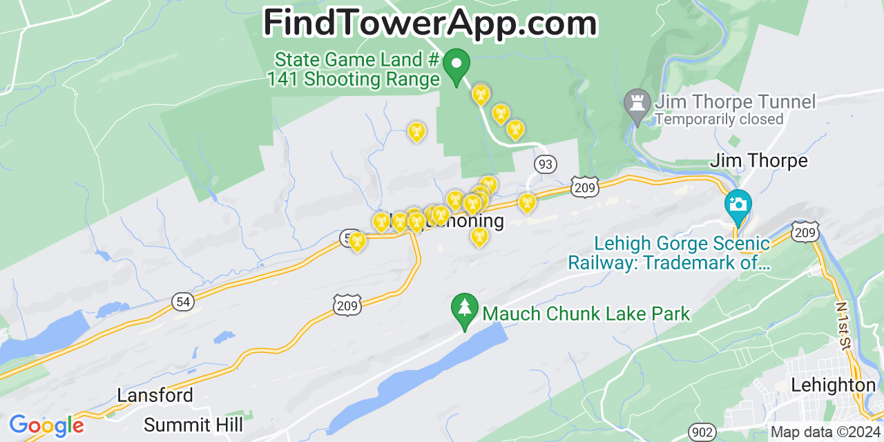 AT&T 4G/5G cell tower coverage map Nesquehoning, Pennsylvania