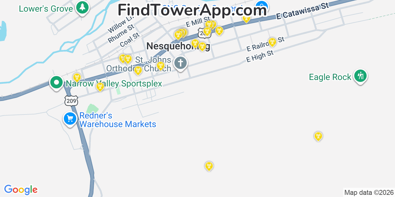 Map showing the 20 primary cell tower locations detected in Nesquehoning, Pennsylvania from AT&T, Verizon, and T-Mobile networks