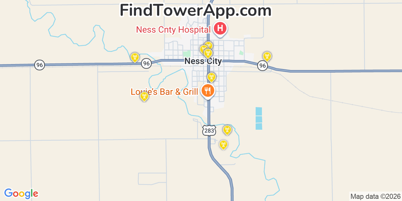 Map showing the 20 primary cell tower locations detected in Ness City, Kansas from AT&T, Verizon, and T-Mobile networks