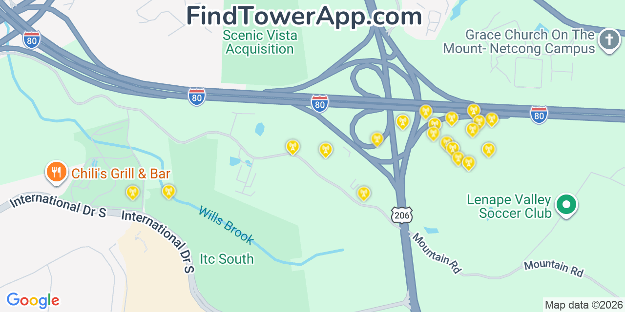 Map showing the 20 primary cell tower locations detected in Netcong, New Jersey from AT&T, Verizon, and T-Mobile networks