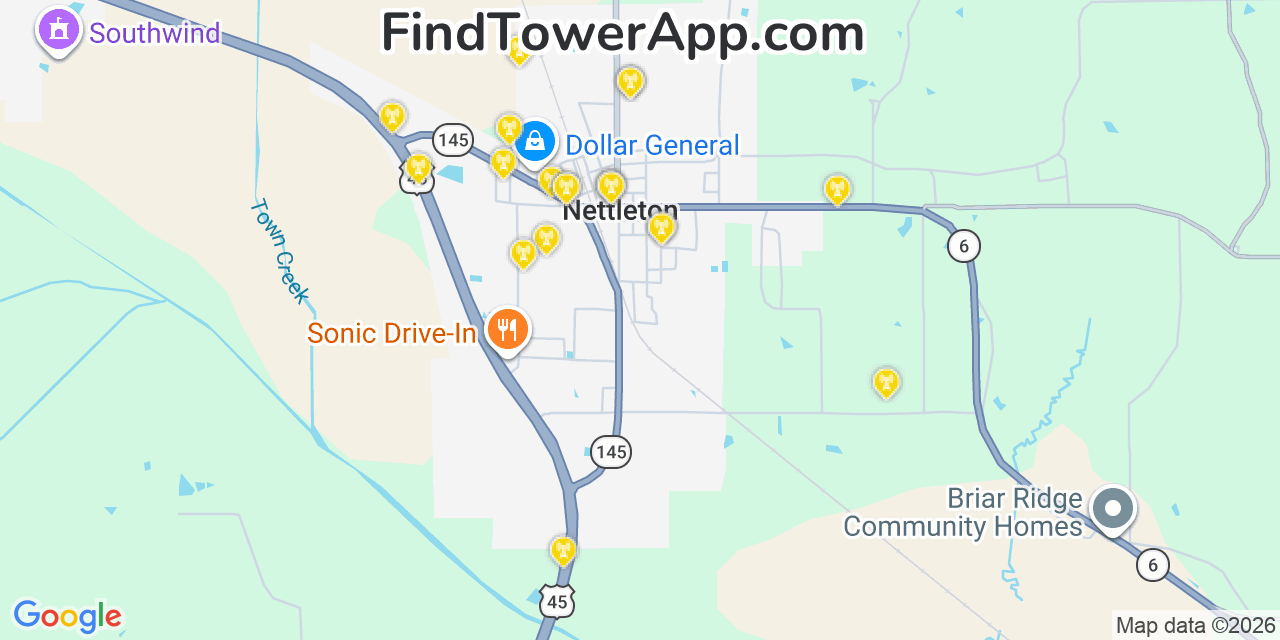 Map showing the 20 primary cell tower locations detected in Nettleton, Mississippi from AT&T, Verizon, and T-Mobile networks