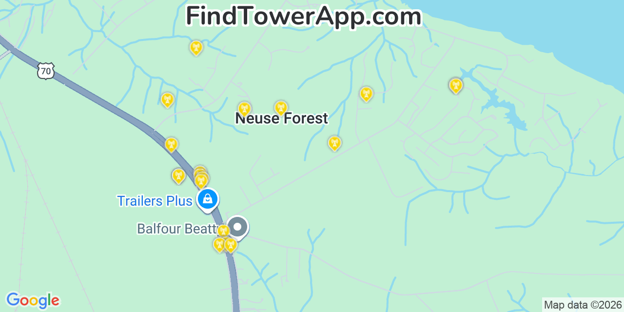 Map showing the 20 primary cell tower locations detected in Neuse Forest, North Carolina from AT&T, Verizon, and T-Mobile networks