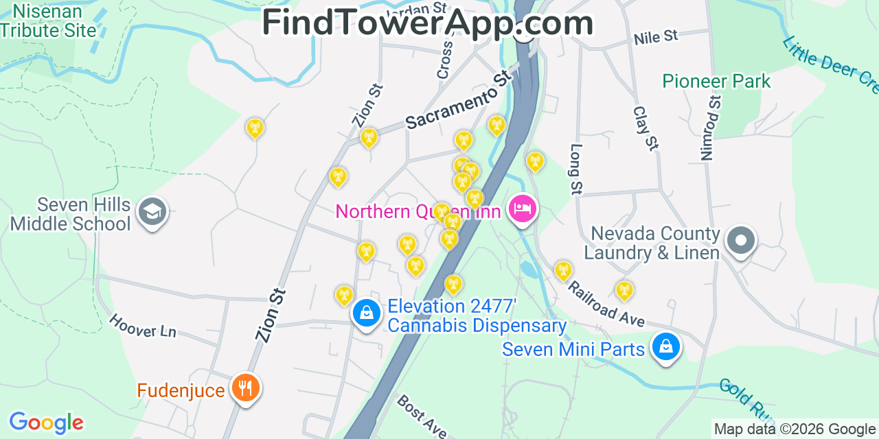 Map showing the 20 primary cell tower locations detected in Nevada City, California from AT&T, Verizon, and T-Mobile networks