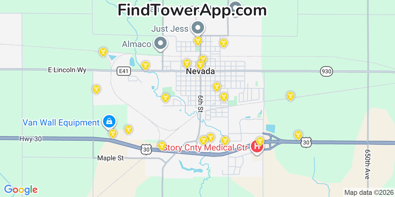 Map showing the 20 primary cell tower locations detected in Nevada, Iowa from AT&T, Verizon, and T-Mobile networks