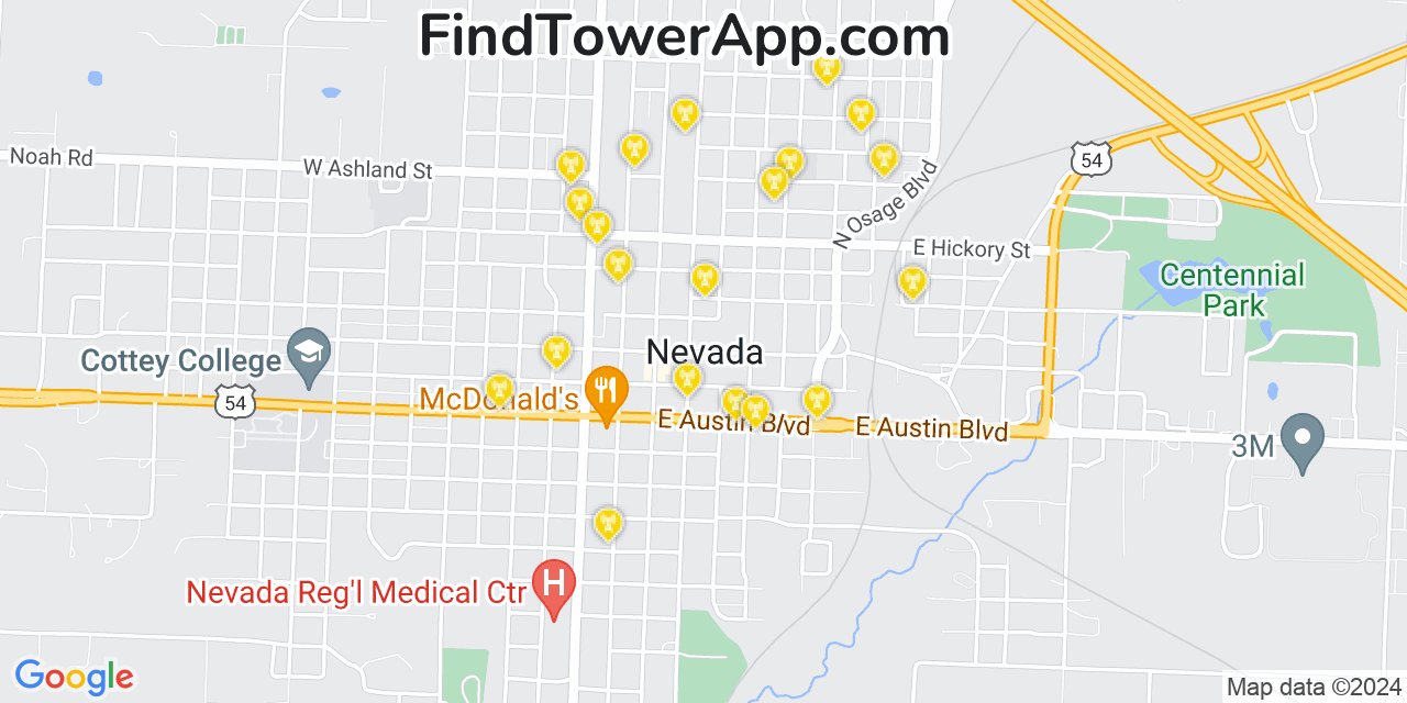 AT&T 4G/5G cell tower coverage map Nevada, Missouri