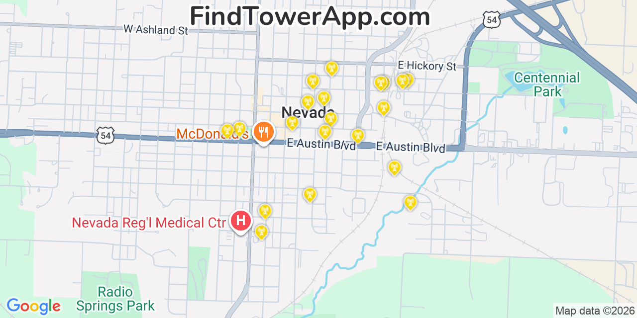Map showing the 20 primary cell tower locations detected in Nevada, Missouri from AT&T, Verizon, and T-Mobile networks