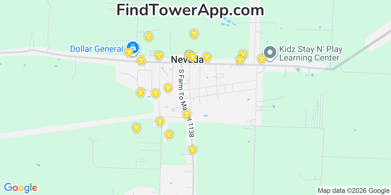 Map showing the 20 primary cell tower locations detected in Nevada, Texas from AT&T, Verizon, and T-Mobile networks