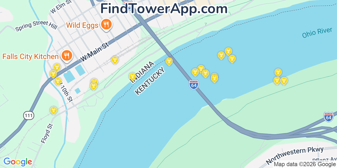 Map showing the 20 primary cell tower locations detected in New Albany, Indiana from AT&T, Verizon, and T-Mobile networks