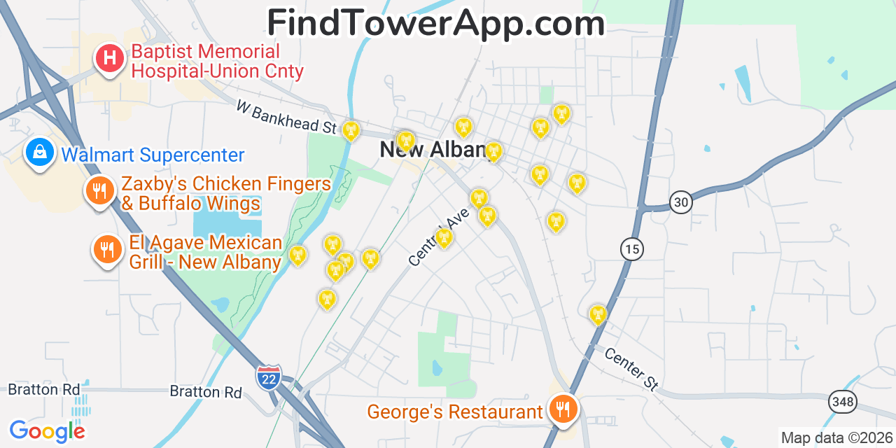 Map showing the 20 primary cell tower locations detected in New Albany, Mississippi from AT&T, Verizon, and T-Mobile networks