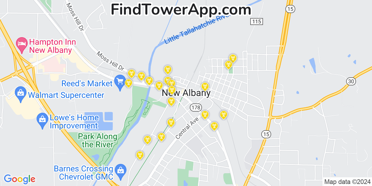 Verizon 4G/5G cell tower coverage map New Albany, Mississippi