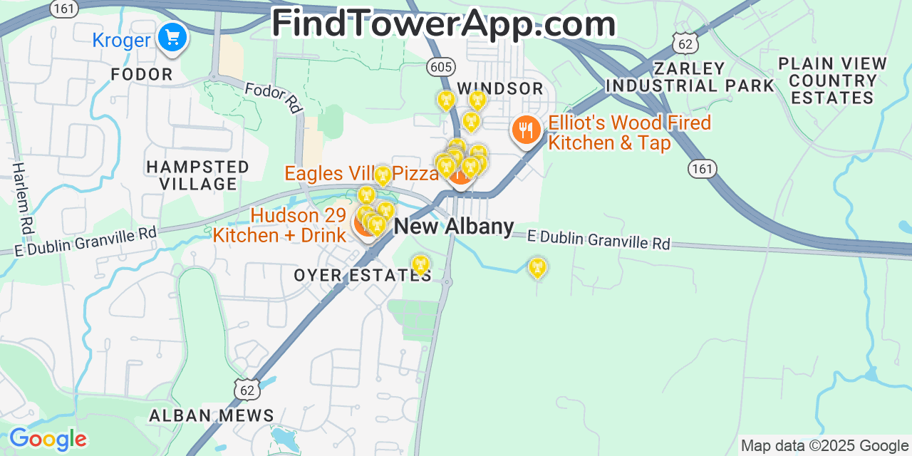 Map showing the 20 primary cell tower locations detected in New Albany, Ohio from AT&T, Verizon, and T-Mobile networks