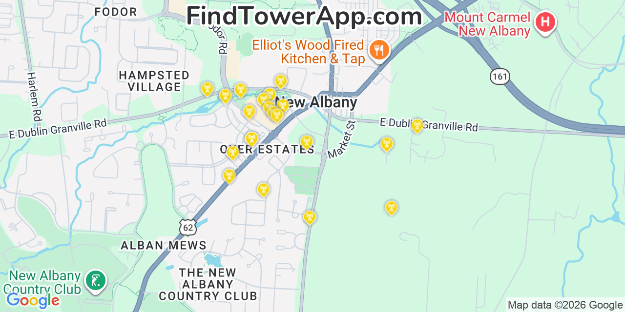 Map showing the 20 primary cell tower locations detected in New Albany, Ohio from AT&T, Verizon, and T-Mobile networks