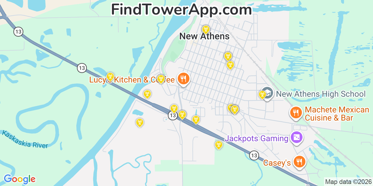 Map showing the 20 primary cell tower locations detected in New Athens, Illinois from AT&T, Verizon, and T-Mobile networks