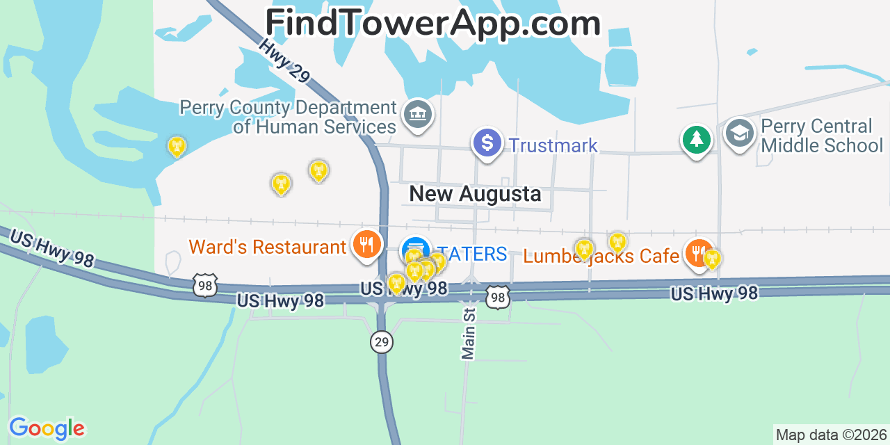 Map showing the 20 primary cell tower locations detected in New Augusta, Mississippi from AT&T, Verizon, and T-Mobile networks